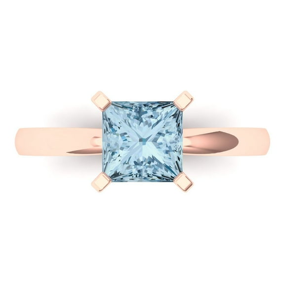 1.5 ct Princess Cut Natural Aquamarine Solitaire 18K Rose Gold Womens Engagement Ring