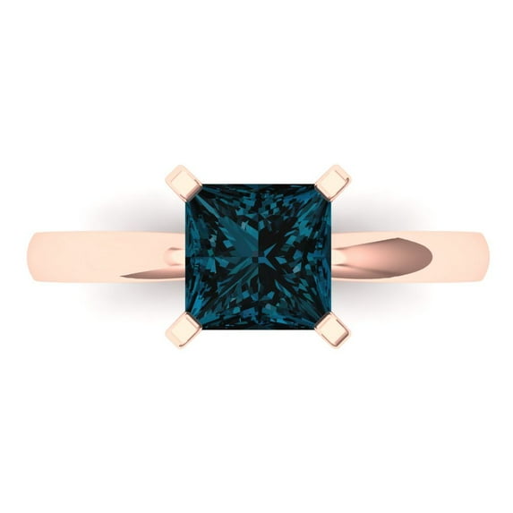 1.5 ct Princess Cut Natural London Blue Topaz Solitaire 18K Rose Gold Womens Engagement Ring
