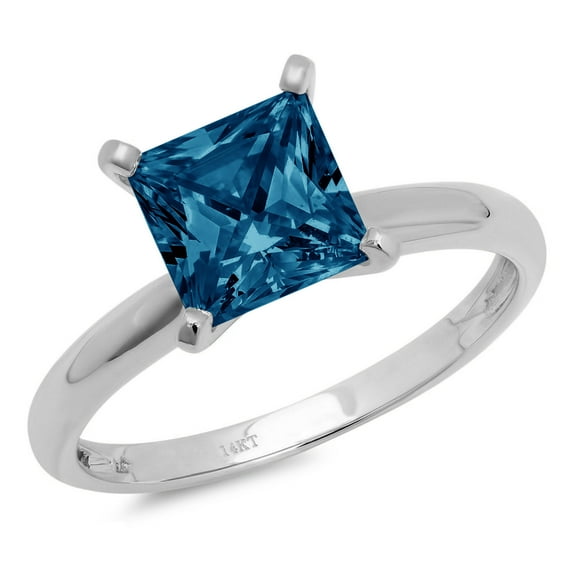 1.5 ct Princess Cut Natural London Blue Topaz Solitaire 18K White Gold Womens Engagement Ring