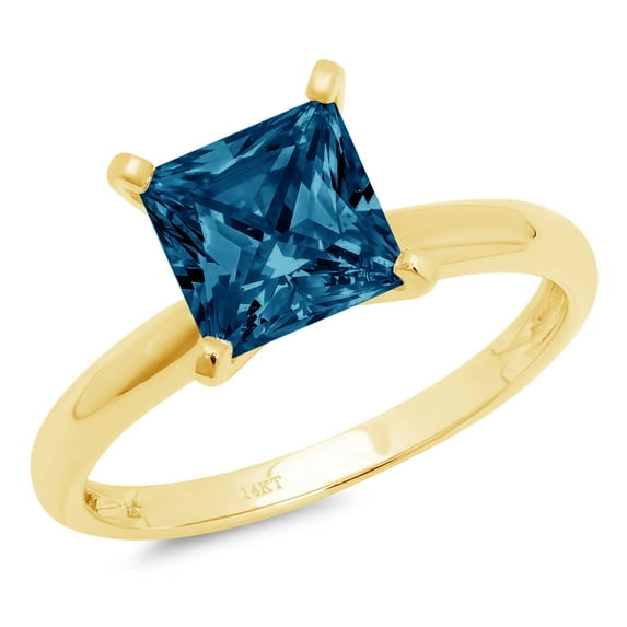 1.5 ct Princess Cut Natural London Blue Topaz Solitaire 18K Yellow Gold Womens Engagement Ring