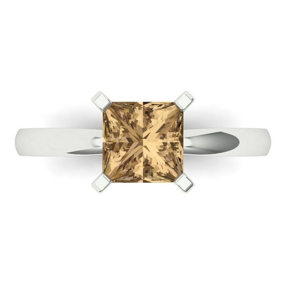 1.5 ct Princess Cut Simulated Champagne Diamond Solitaire 18K White Gold Womens Engagement Ring