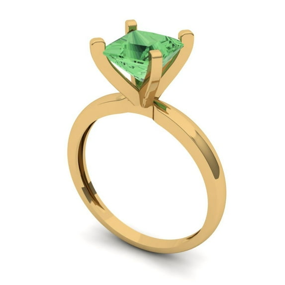 1.5 ct Brilliant Princess Cut VVS1 Green Zircon 14k Yellow Solid Gold Solitaire Wedding Bridal Anniversary Engagement Ring size 10.75