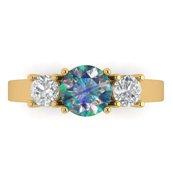 1.5 ctw 3 Stone Anniversary Ring for Women | Round Cut Blue Moissanite | Hyperallergenic Solid 14K Yellow Gold
