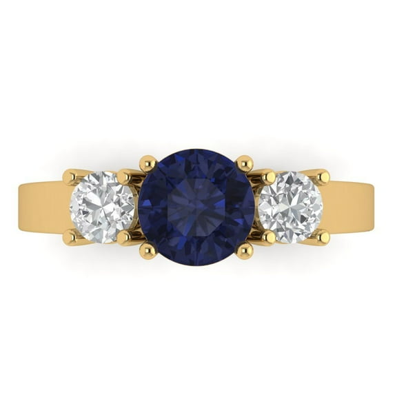 1.5 ctw 3 Stone Anniversary Ring for Women | Round Cut Simulated Blue Sapphire | Hyperallergenic Solid 14K Yellow Gold