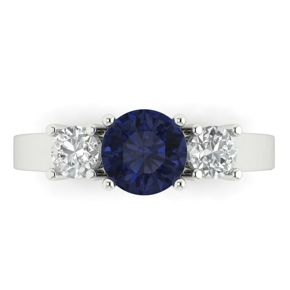 1.5 ctw 3 Stone Anniversary Ring for Women | Round Cut Simulated Blue Sapphire | Hyperallergenic Solid 18K White Gold