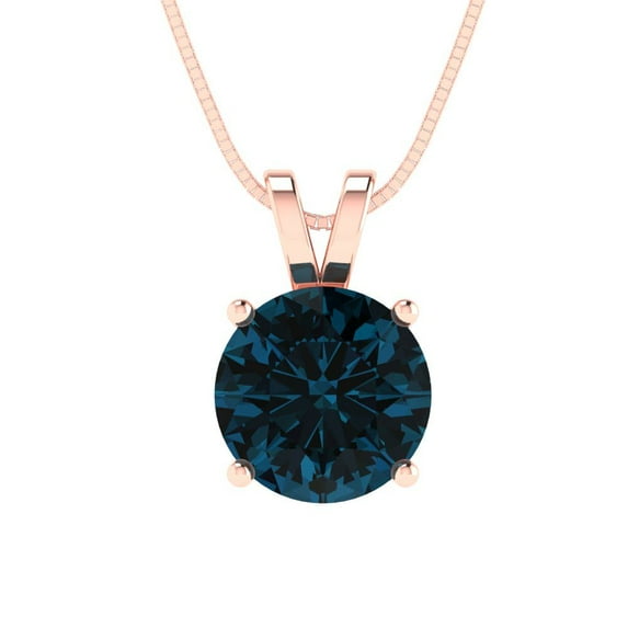 Clara Pucci 14K Rose Solid Hypoallergenic Gold 1.5Ct Natural London Blue Topaz Round Brilliant Cut Solitaire Designer Necklace Pendant For December