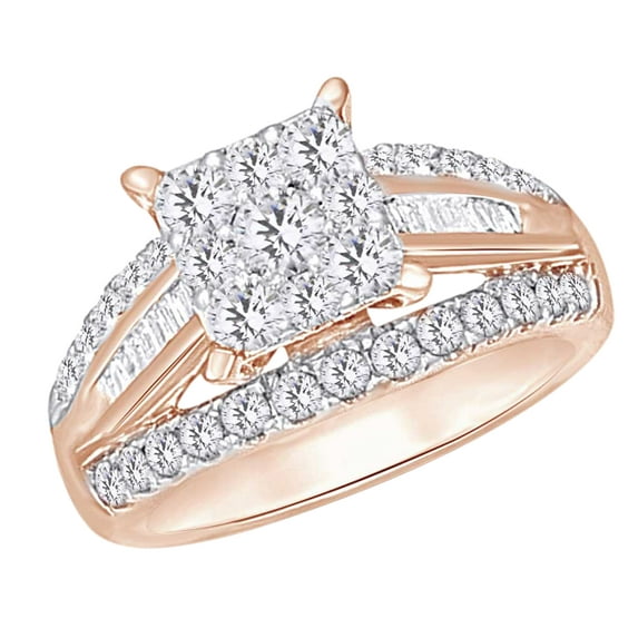 AFFY (1.5 cttw) Round & Baguette Shape White Natural Diamond Three Row Fashion Ring In 10k Rose Gold Ring Size-9