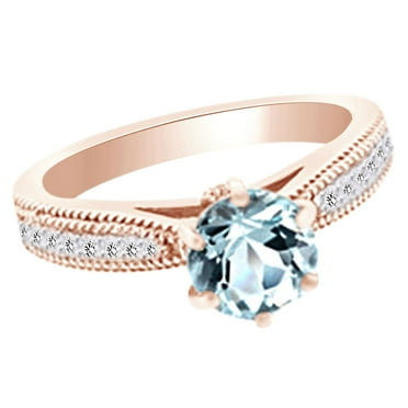 AFFY (1.5 cttw) Round Cut Simulated Aquamarine & White Natural Diamond Vintage Style Engagement Ring In 14K Solid Rose Gold With, Ring Size 4
