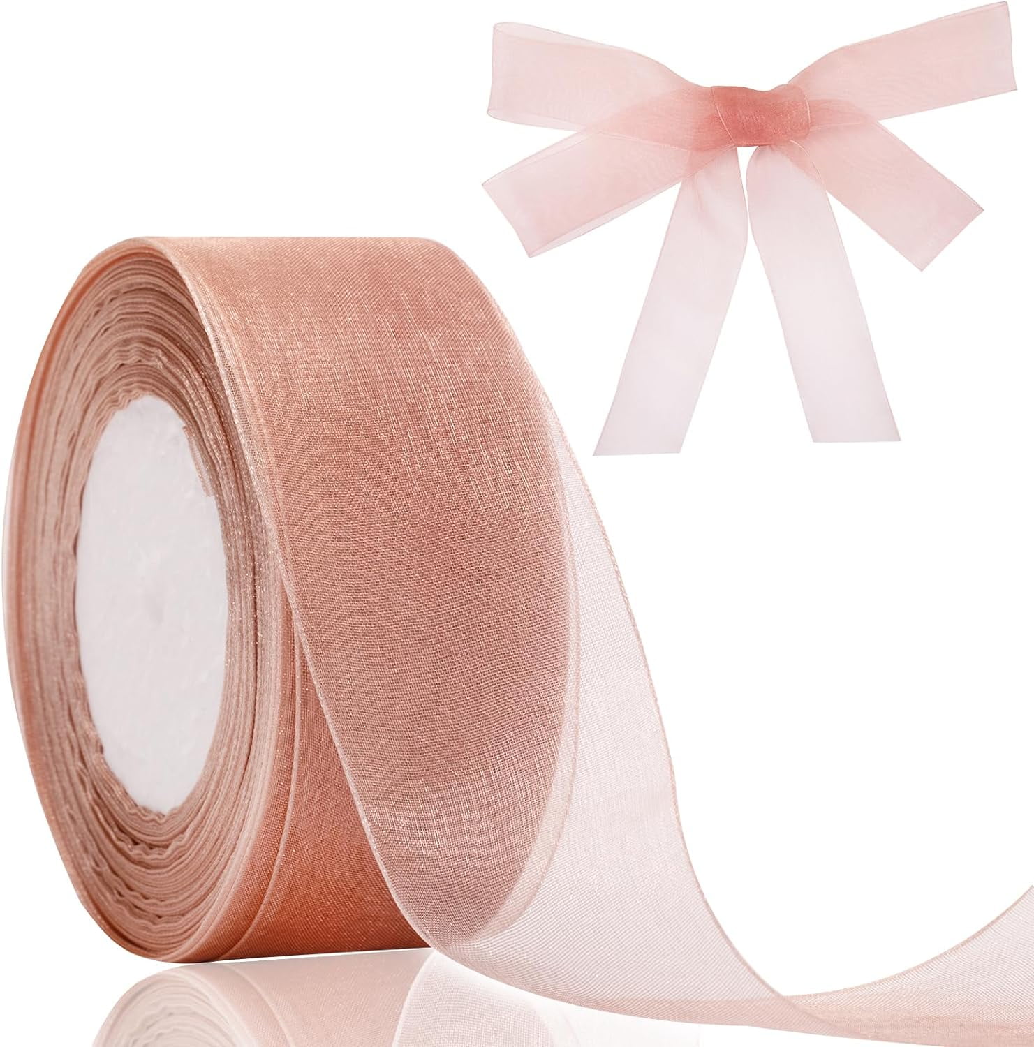 1.5 in Rose Gold Organza Gift Ribbon, 50 Yds Sheer Chiffon Handmade Ribbon for Wrapping, Crafting Projects, Wedding Decor, Christmas