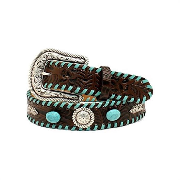 1.5 in. Womens Floral Tooled Turquoise Leather Belt, Brown - Medium