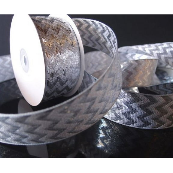 1.5" x 10 Yards Metallic Chevron Ribbon - Select from 4 Colors (Silver on Silver)