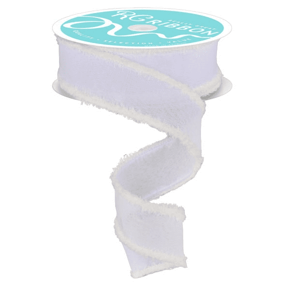 1.5" x 10yd Faux Royal White Burlap/Drift Wired Ribbon with Fuzzy Trim