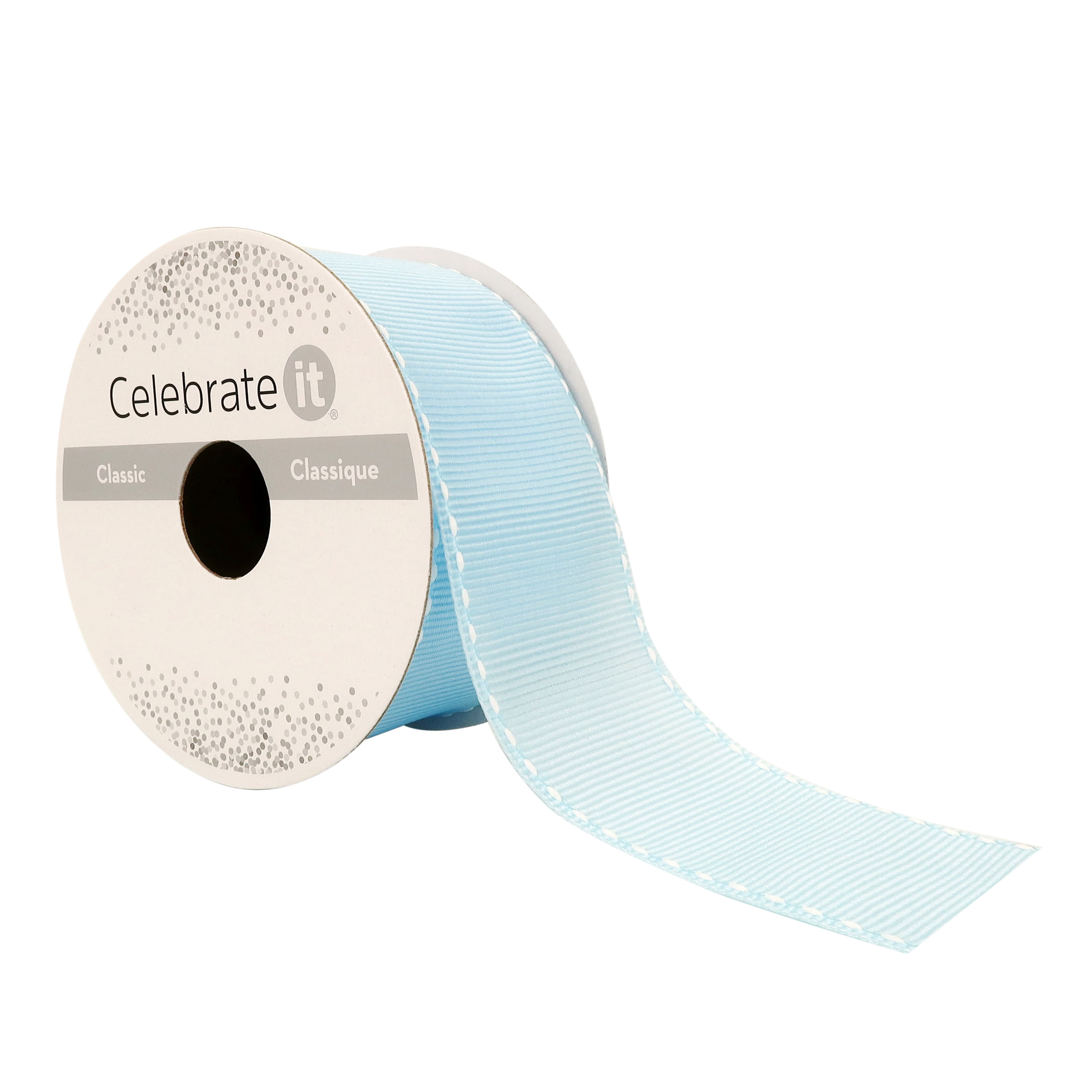 Celebrate It 1.5" x 3 yd. Grosgrain Stitched Edge Ribbon - Light Blue with White Stitching, Non-Wired Woven Selvage for Crafts, Bows & Gift Wrapping, 12 Pack