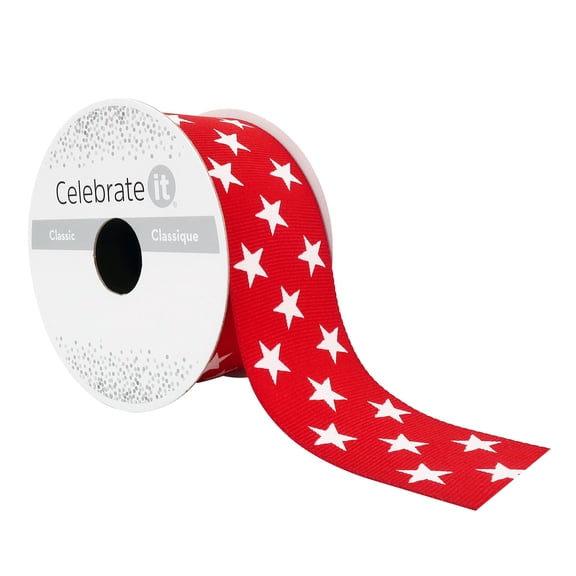 1.5" x 3 yd. Red and White Grosgrain Star Ribbon by Celebrate It – Red with White Stars - Non-Wired Woven Selvage for Crafts - Bows & Gift Wrapping - 12 Pack