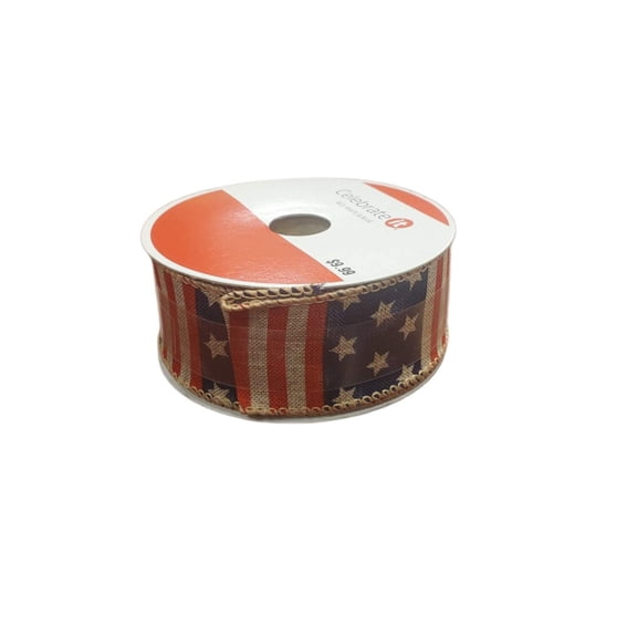 Red Brown Blue American Flag Wired Ribbon 1.5 in X 30 ft,