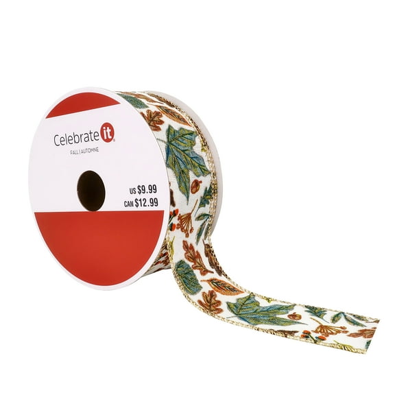 1.5; x 30ft. Linen Maple Leaves Wired Ribbon by Celebrate It Fall, Fall Dcor