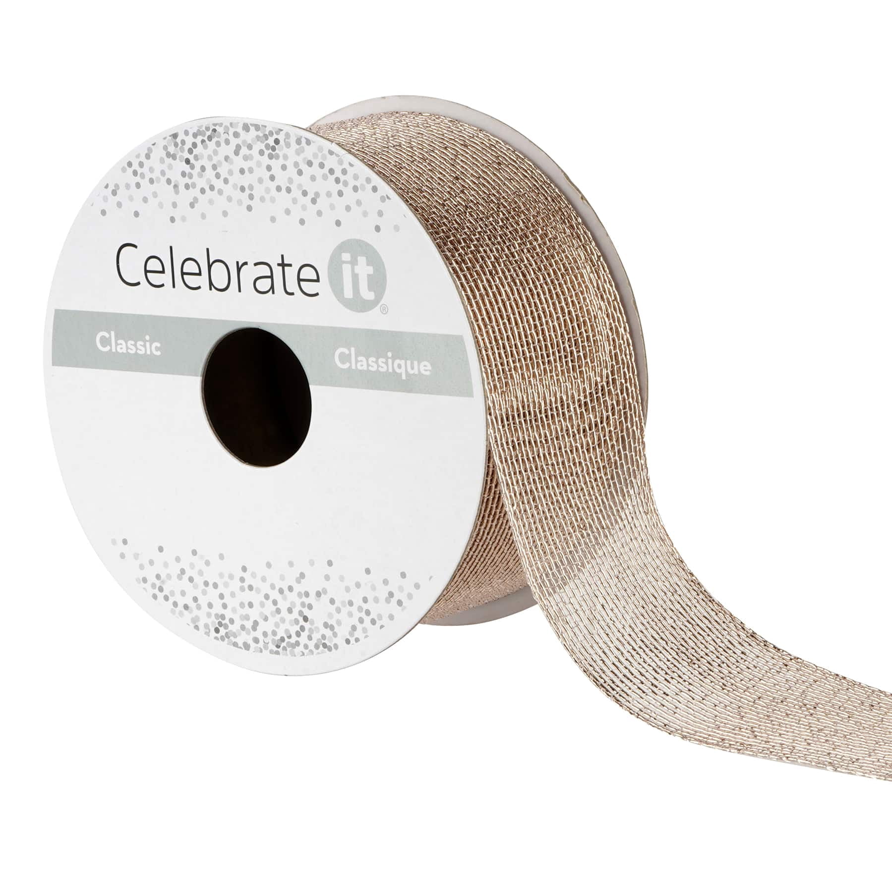 1.5" x 3yd. Champagne Gold Metallic Mesh Ribbon by Celebrate It – Non-Wire Woven Edge - Ideal for Floral Decor & Gift Wrapping - 12 Pack