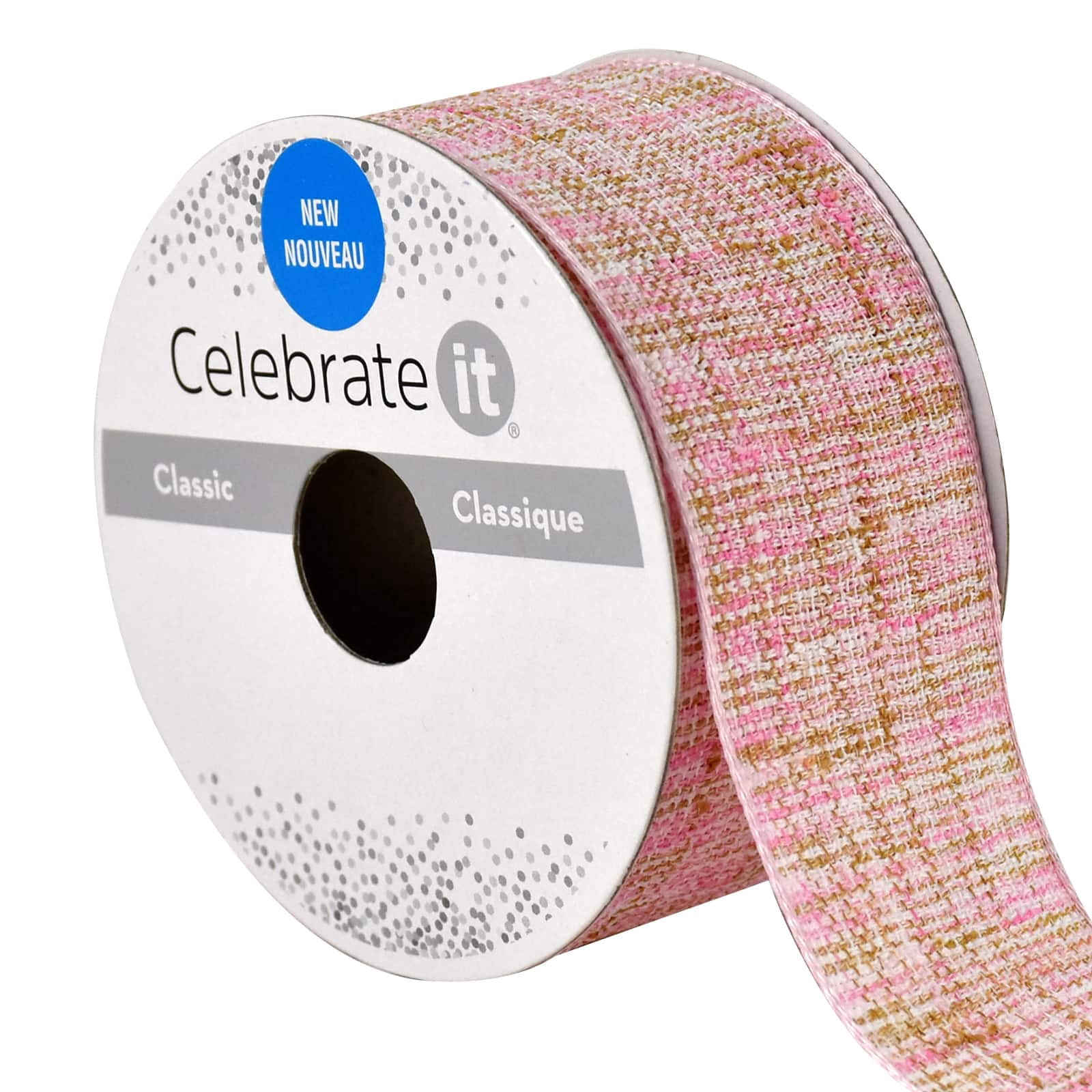 1.5" x 3yd Faux Cotton Wired Ribbon Rolls by Celebrate It – Pink and Gold Woven Decorative Ribbon for Crafts - Gift Wrapping - Apparel & Holiday Decor