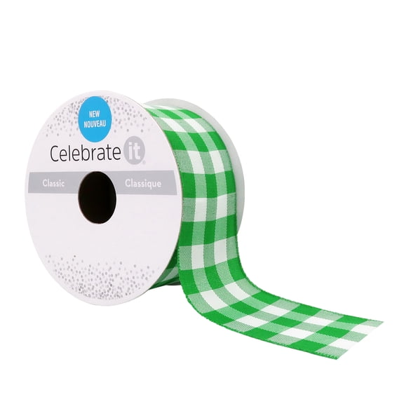 1.5" x 3yd. Green Wired Checkered Ribbon by Celebrate It – Woven Selvage Edge - Ideal for Gift Wrapping - Crafts & Seasonal Decor - 12 Pack