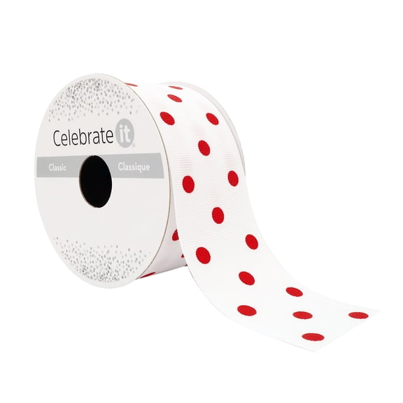 1.5" x 3yd Grosgrain Polka Dot Ribbon by Celebrate It â€“ White Ribbon with Red Dots - Non-Wired Polyester Rolls for Crafts - Gift Wrapping & Decor