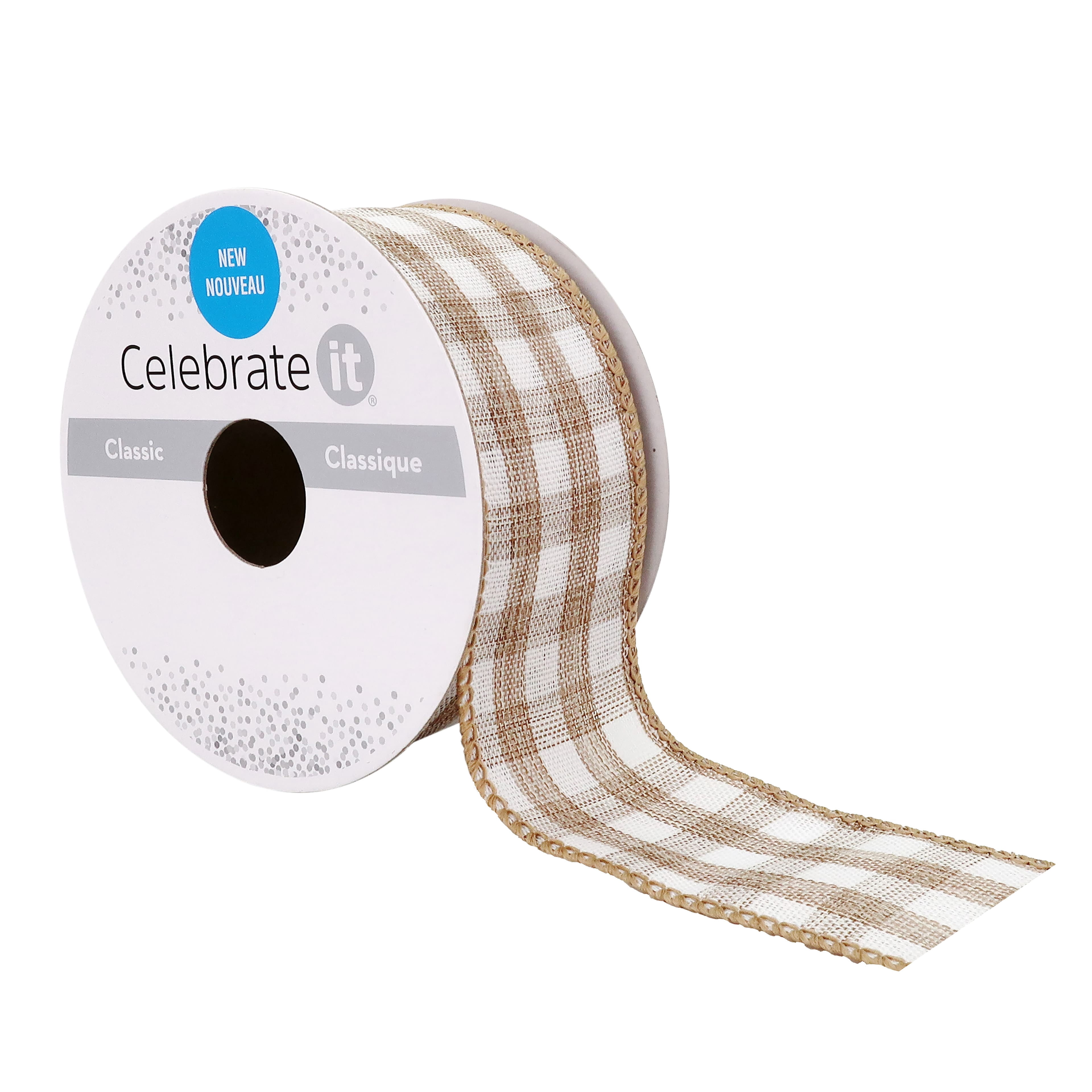 Celebrate It 1.5" x 3yd Natural and White Wired Gingham Ribbon - Classic Polyester Checkered Pattern, Woven Selvage, Ideal for Crafts & Decor, 12 Pack