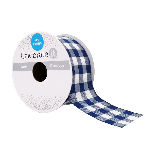 1.5" x 3yd Navy Wired Checkered Ribbon by Celebrate It – Polyester Gingham Design - Woven Selvage - Multiple Colors - 12 Pack