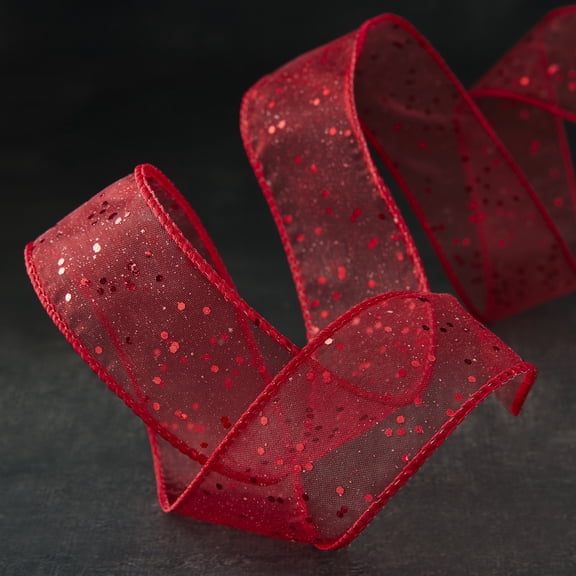 1.5" x 3yd Red Sheer Wired Glitter Ribbon by Celebrate It – Sparkling Nylon Design - Sewn Edge - Ideal for Holiday Crafts & Gift Wrapping - 12 Pack