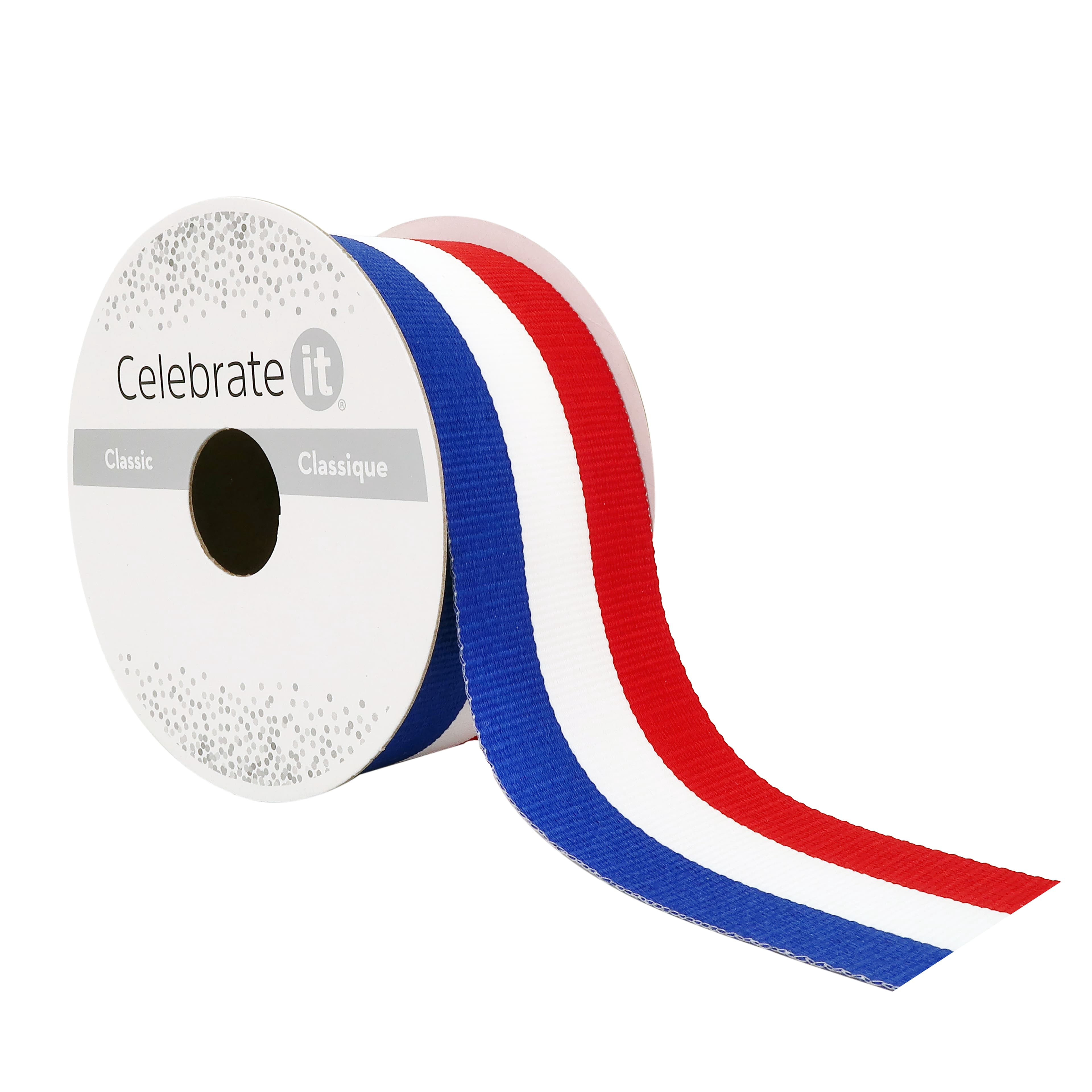 Celebrate It 1.5" x 3yd. Red, White & Blue Striped Ribbon - Non-Wired Woven Selvage Edge, Ideal for Patriotic Crafts, Gift Wrapping & Decor, 12 Pack