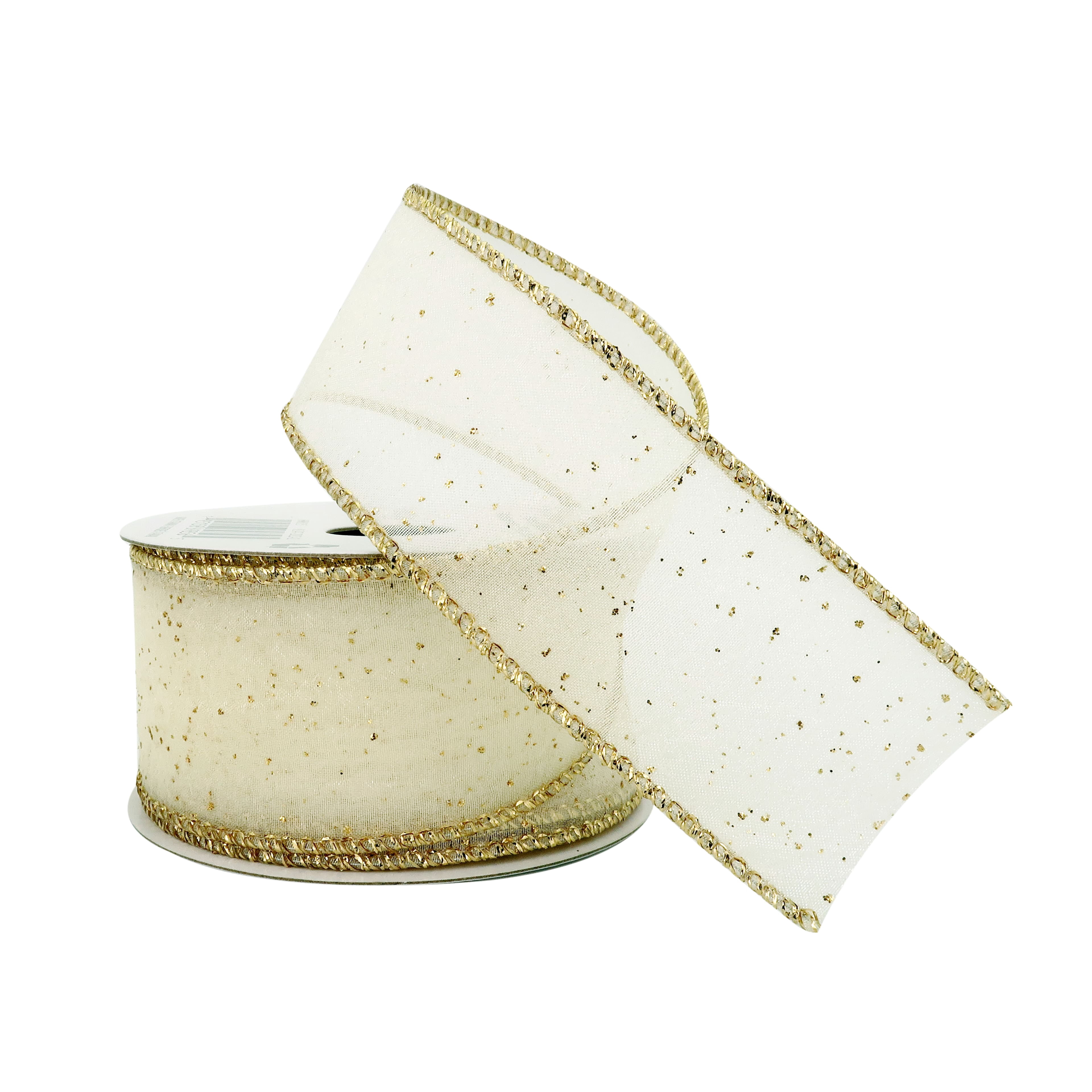 1.5" x 3yd. Sheer Wired Sparkle Ribbon by Celebrate It – Gold with Glitter Accents - Sewn Edge for Bows - Wreaths & Gift Wrapping - 12 Pack