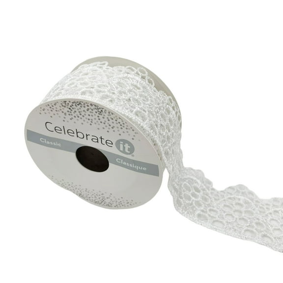 1.5" x 3yd White Lace Flower Ribbon by Celebrate It – Delicate Polyester Floral Pattern - Ideal for Crafts & Gift Decor - 12 Pack