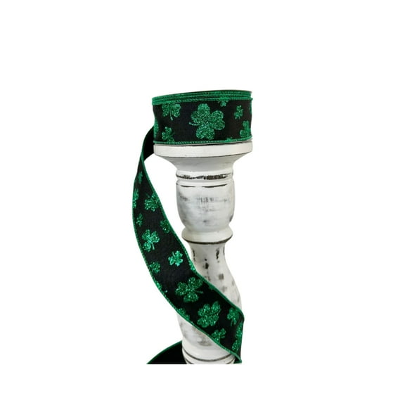 1.5"x10yd Wired Glitter Shamrocks St. Patrick's Day Ribbon - Black/Kelly Green -RGE112202