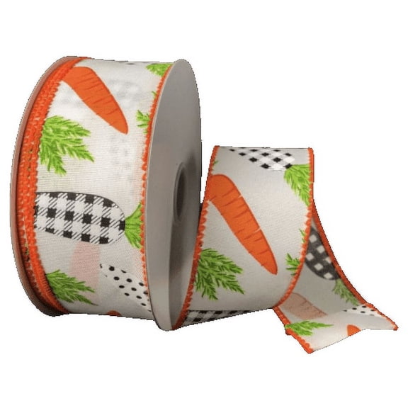 1.5"x10yd Wired Satin Pattern Carrots Ribbon-Easter, Spring-Orange and Black and White CheckRJ20009-01