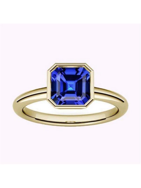 1.50 CT Bezel Set Asscher Sapphire Solitaire Ring, 14K Yellow Gold - Size 6.5