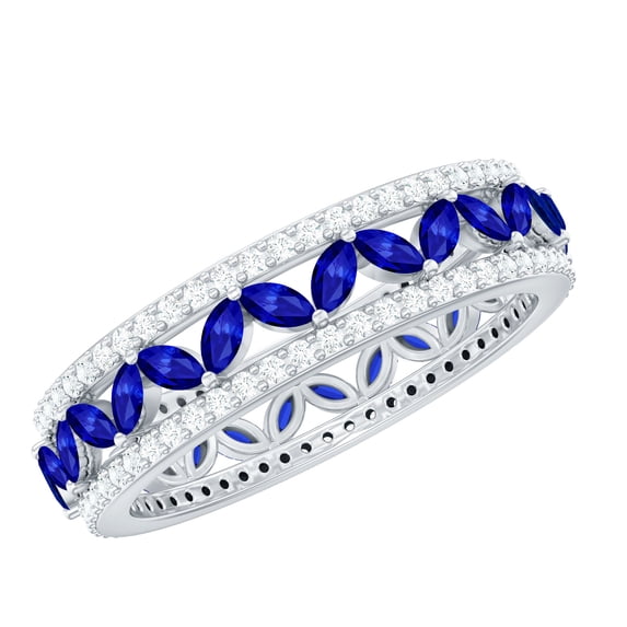 Rosec Jewels Lab Grown Blue Sapphire Eternity Wedding Band for Women - Blue Sapphire Diamond Ring - AAAA Grade - with Jewelry Box, 18K White Gold, US 9.50