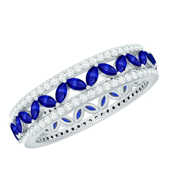 Rosec Jewels Lab Grown Blue Sapphire Eternity Wedding Band for Women - Blue Sapphire Diamond Ring - AAAA Grade - with Jewelry Box, 925 Sterling Silver, US 4.00