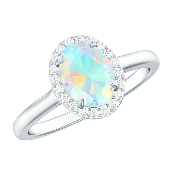 Rosec Jewels Ethiopian Opal and Diamond Halo Engagement Ring, 6X8 MM Oval Cut Ethiopian Opal Engagement Ring, October Birthstone Ring, 14K White Gold, US 8.00