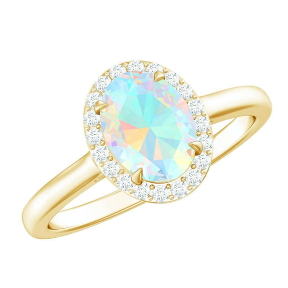 Rosec Jewels Ethiopian Opal and Diamond Halo Engagement Ring, 6X8 MM Oval Cut Ethiopian Opal Engagement Ring, October Birthstone Ring, 14K Yellow Gold, US 6.00