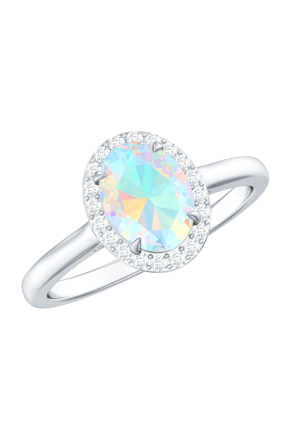 Ethiopian Opal and Diamond Halo Engagement Ring, 1.2 Ct, Oval Cut Ethiopian Opal Engagement Ring, October Birthstone Ring, 925 Sterling Silver, US 9.50