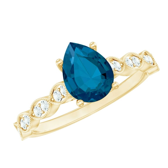 Rosec Jewels London Blue Topaz Teardrop Engagement Ring with Side Stones - 6X8 mm - Blue Topaz Diamond Ring - AAA Quality, 10K Yellow Gold, US 10.50