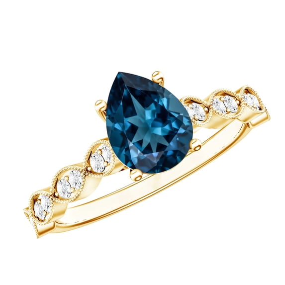 Rosec Jewels London Blue Topaz Pear Shaped Engagement Ring with Side Stones - 1 Carat - Blue Topaz Diamond Ring - AAA Quality, 10K Yellow Gold, US 8.50