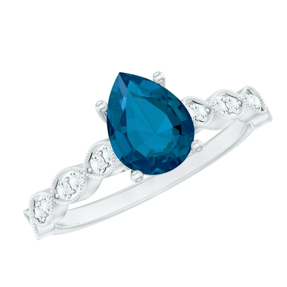 Rosec Jewels London Blue Topaz Teardrop Engagement Ring with Side Stones - 6X8 mm - Blue Topaz Diamond Ring - AAA Quality, 18K White Gold, US 5.00