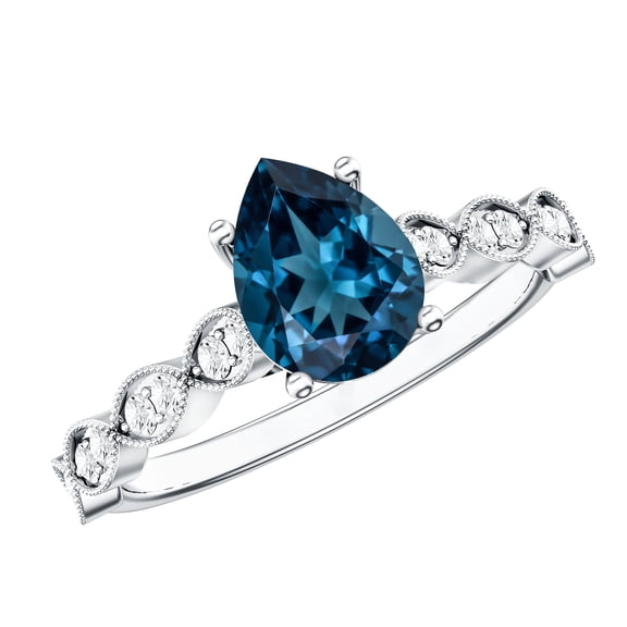 Rosec Jewels London Blue Topaz Pear Shaped Engagement Ring with Side Stones - 1 Carat - Blue Topaz Diamond Ring - AAA Quality, 925 Sterling Silver, US 4.00