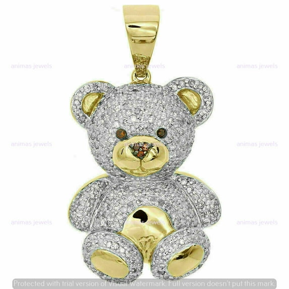 1.50 CT Round Cut Cubic Zirconia Teddy Bear Pendant 3D Charm 14K Yellow Gold Over Sterling Silver