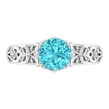 Rosec Jewels 1.50 CT Vintage Swiss Blue Topaz and Diamond Filigree Engagement Ring, 925 Sterling Silver, US 4.00