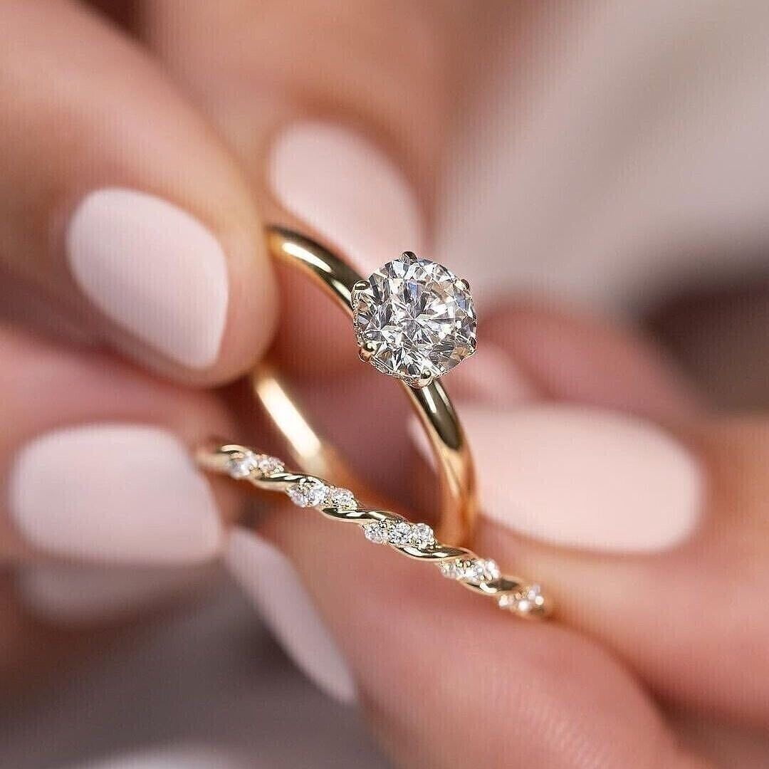 1.50 CTW Round Cut Moissanite Wedding Ring Bridal Set 14K Yellow Gold ...