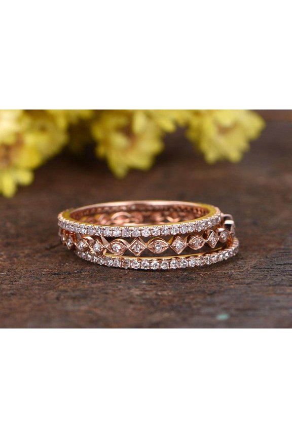 1.50 Carat 3 wedding Ring set Wedding Band Stackable Ring set Solid 10k Rose Gold