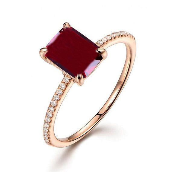 1.50 Carat 7x5mm Emerald Cut Red Ruby and Moissanite Diamond Engagement Ring in 10k Rose Gold for Women on Sale