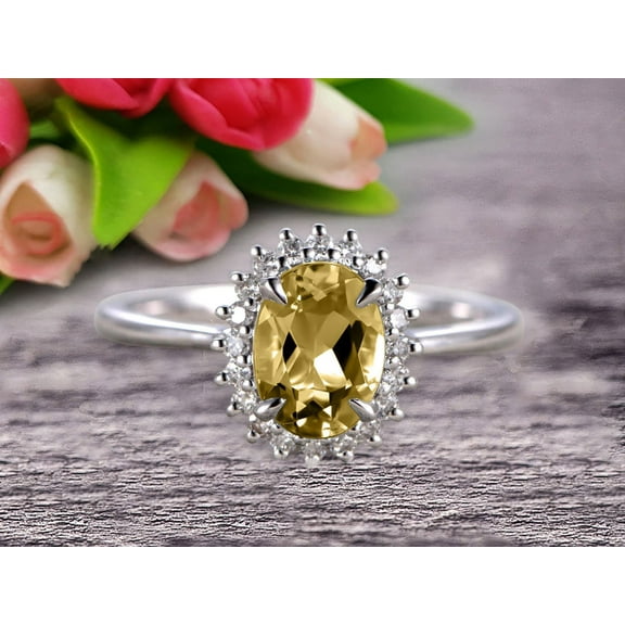1.50 Carat 8x6mm Oval Cut Champagne Diamond Moissanite Engagement Ring With 10k White Gold Halo Flower Prong Set