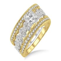 1.50 Carat Antique Trio Bridal Set Engagement Ring with Princess Diamond in 10k White and Yellow Gold