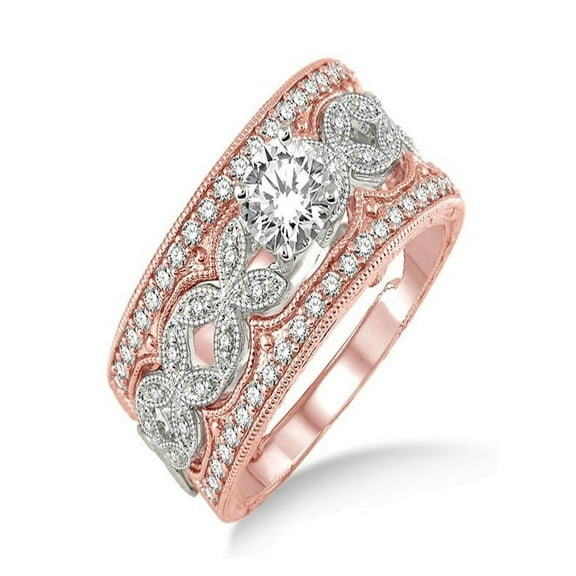 1.50 Carat Antique Trio Bridal Set Engagement Ring with Round Diamond in 10k White and Rose Gold